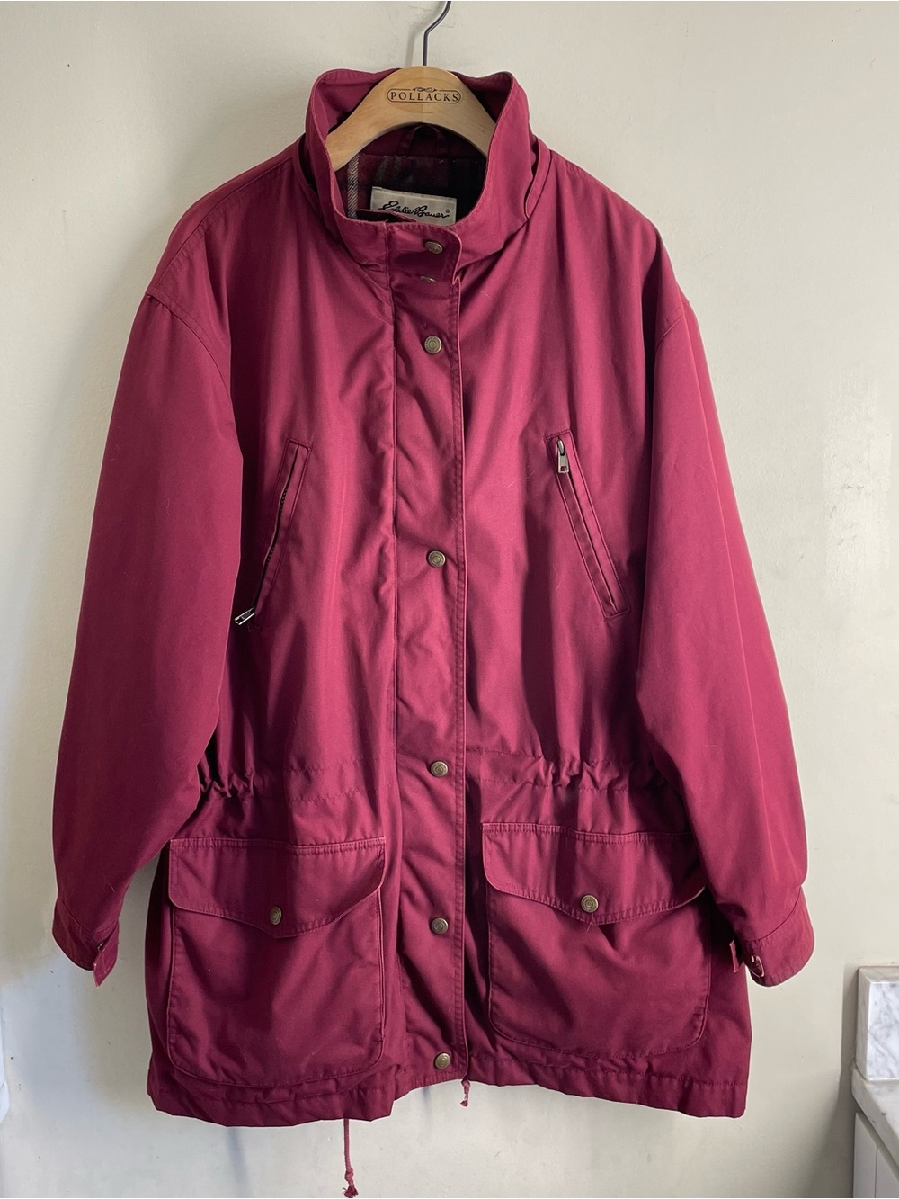Eddie Bauer EBTEK Jacket Womens L Burgundy Plaid Lined Utility Coat Vintage